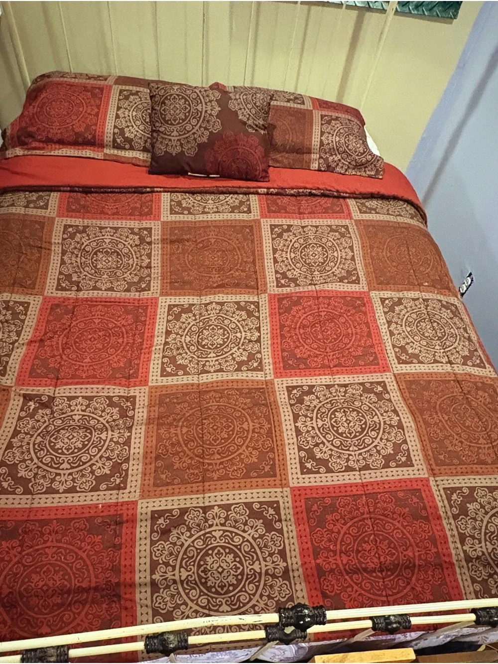 Mainstays Comforter Set Full  Maroon, Tan and Brown Shams & Pillow